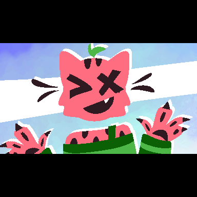 a frame of an animation meme of a watermelon-colored cat furry character putting their hands up and smiling. the frame has a blue background with a white stripe through it, and behind that is solid black